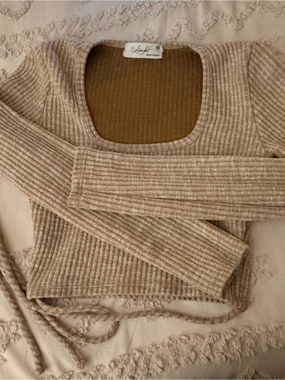 Ribbed Square-Neck Crop Sweater in Beige